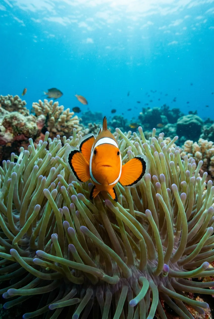ปลาการ์ตูน Amphiprion ocellaris สีส้มแถบขาวดำ อยู่กับดอกไม้ทะเล