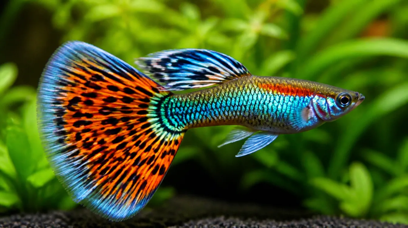 ปลาหางนกยูงตัวผู้สีสันสวยงามกำลังแผ่หาง