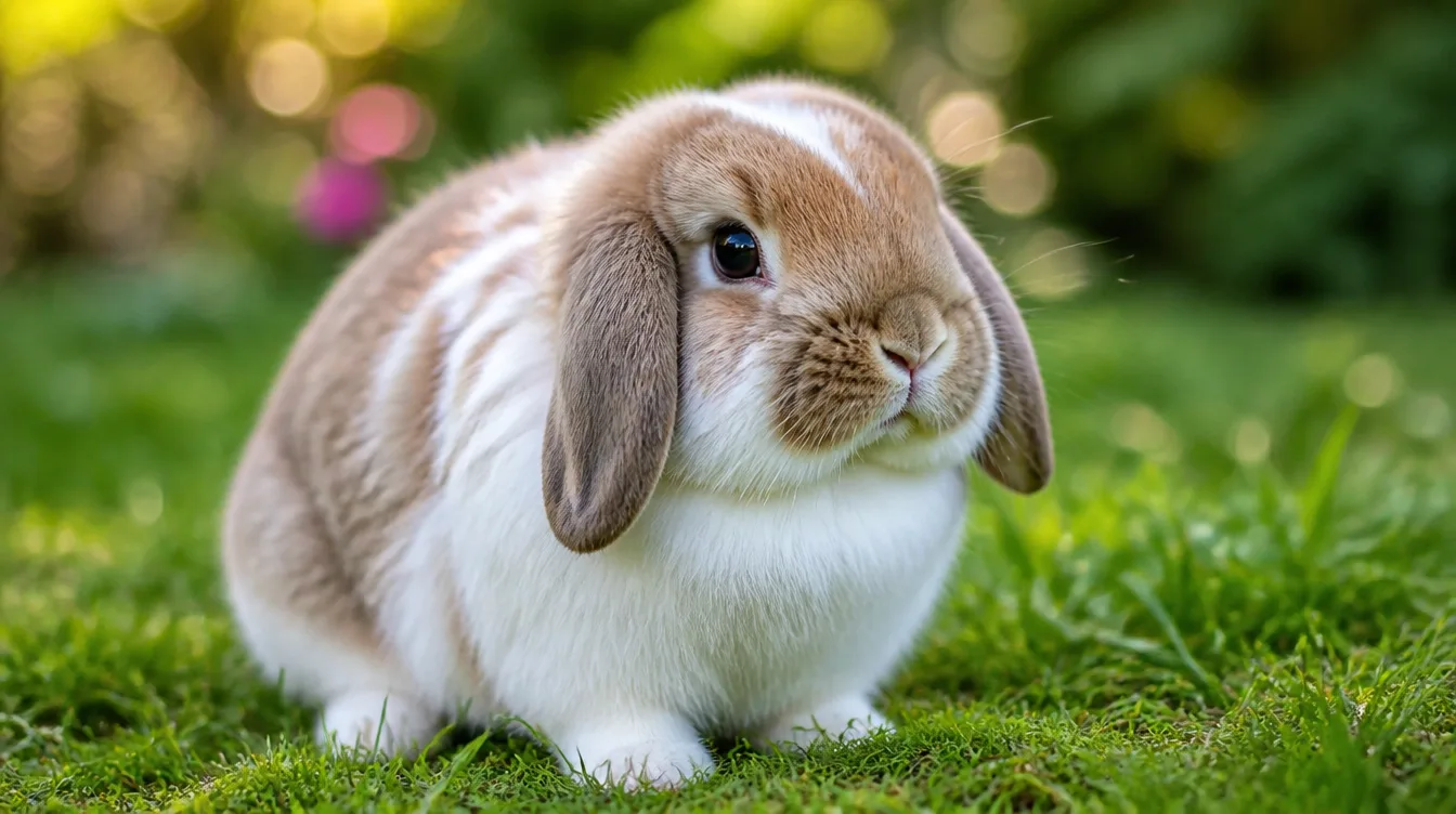 กระต่าย Holland Lop หูห้อยนั่งบนหญ้า