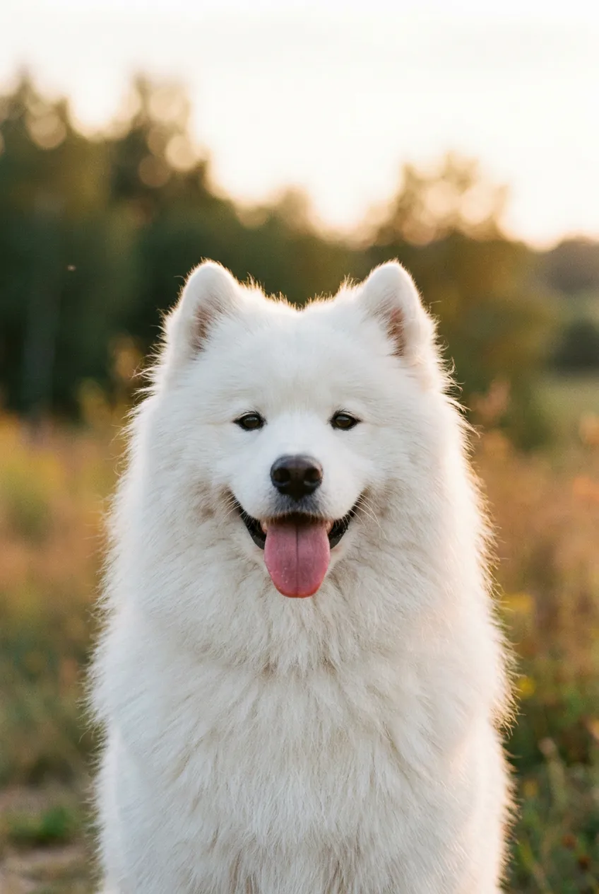 ซาโมเยดขนขาวฟูนั่งยิ้มกว้างท่ามกลางแสงแดด